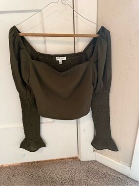 Francesca's Collections Olive Green Off-Shoulder Smocked Sleeve Top